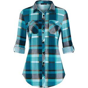 Womens Stretchy Knit Plaid Shirt - Roll Up Long Sleeve Collared Button‎ Down